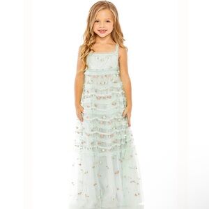 Mac Duggal Girls Ruffled Floral Embroidered Gown